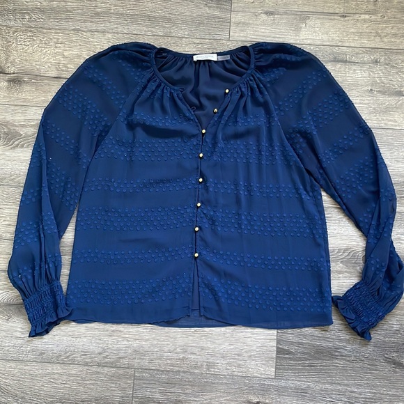 Ramy Brook | Blue Semi Sheer Swiss Dot Gold Button Peasant Blouse Size Small - Picture 2 of 10